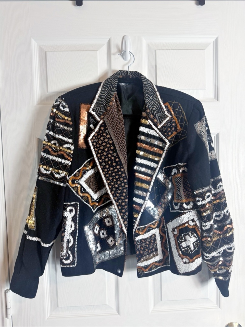 Black Sequin & Embellished Bomber Jacket with Metallic Accents
